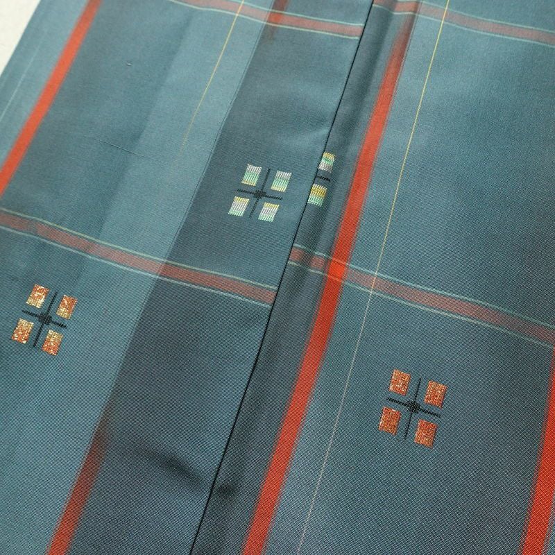 紬 アンサンブル 良品 しつけ糸付き セット品 正絹 チェック・格子柄 袷仕立て 身丈165cm 裄丈66cm リサイクル着物 着物 青・紺_画像7