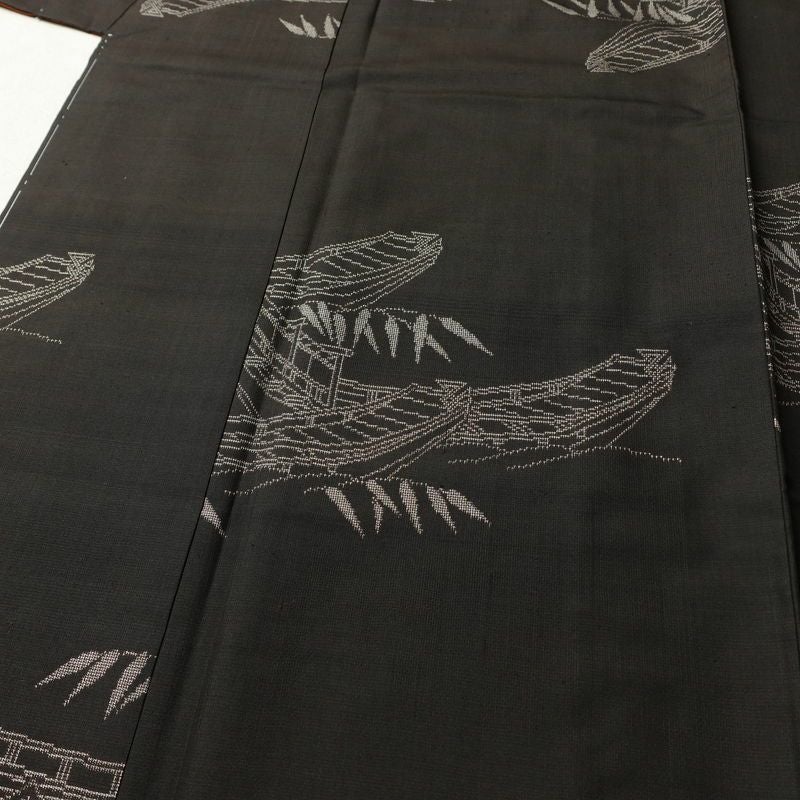 紬 しつけ糸付き 正絹 風景柄 袷仕立て 身丈154.5cm 裄丈62cm リサイクル着物 着物 モダン 茶_画像6