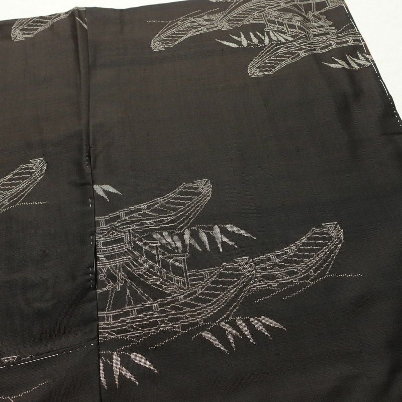 紬 しつけ糸付き 正絹 風景柄 袷仕立て 身丈154.5cm 裄丈62cm リサイクル着物 着物 モダン 茶_画像14