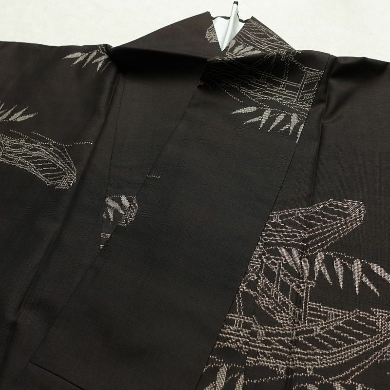 紬 しつけ糸付き 正絹 風景柄 袷仕立て 身丈154.5cm 裄丈62cm リサイクル着物 着物 モダン 茶_画像17