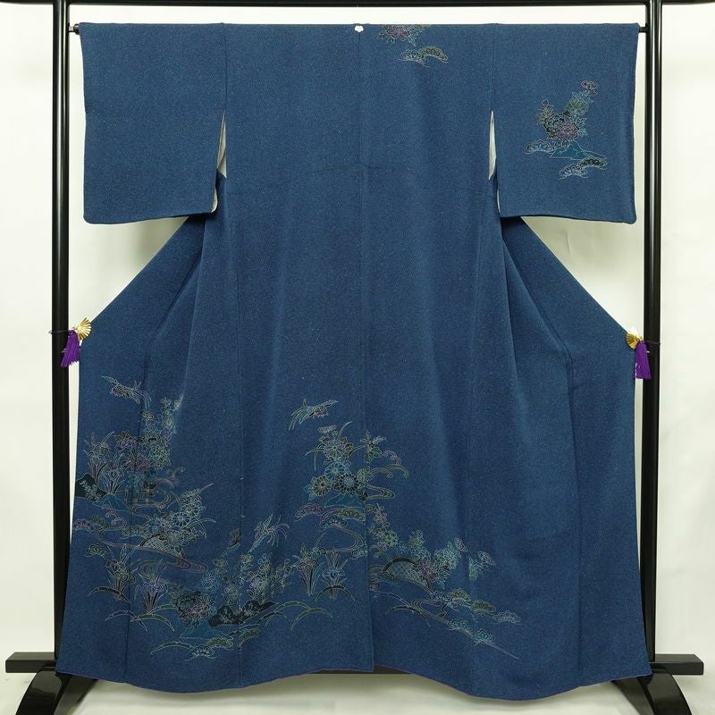付け下げ 縮緬 一つ紋付き 正絹 古典柄 袷仕立て 身丈159cm 裄丈66cm リサイクル着物 着物 卒業式 パーティー フォーマル 青・紺_画像1