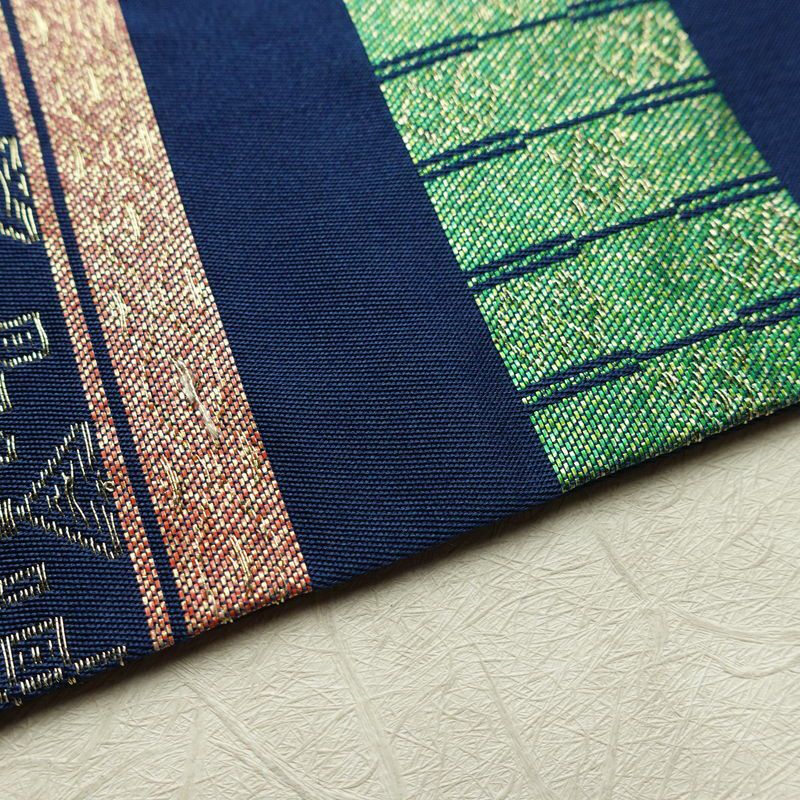 名古屋帯 六通柄 正絹 縞柄・線柄 名古屋仕立て なごや帯 リサイクル帯 帯 箔 青・紺_画像12