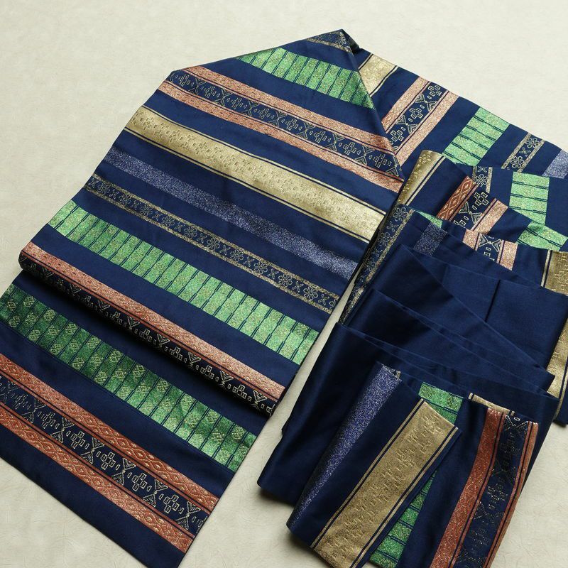 名古屋帯 六通柄 正絹 縞柄・線柄 名古屋仕立て なごや帯 リサイクル帯 帯 箔 青・紺_画像17