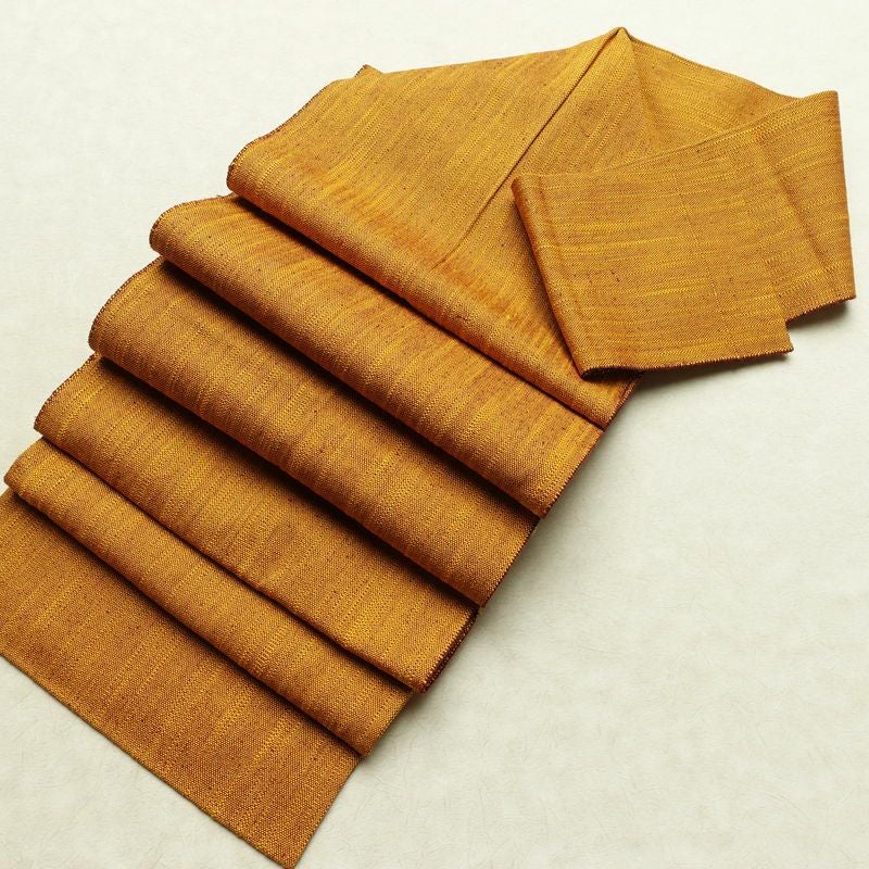 名古屋帯 全通柄 正絹 その他の柄 松葉仕立て なごや帯 リサイクル帯 帯 シンプル 紬地 黄・黄土色_画像17