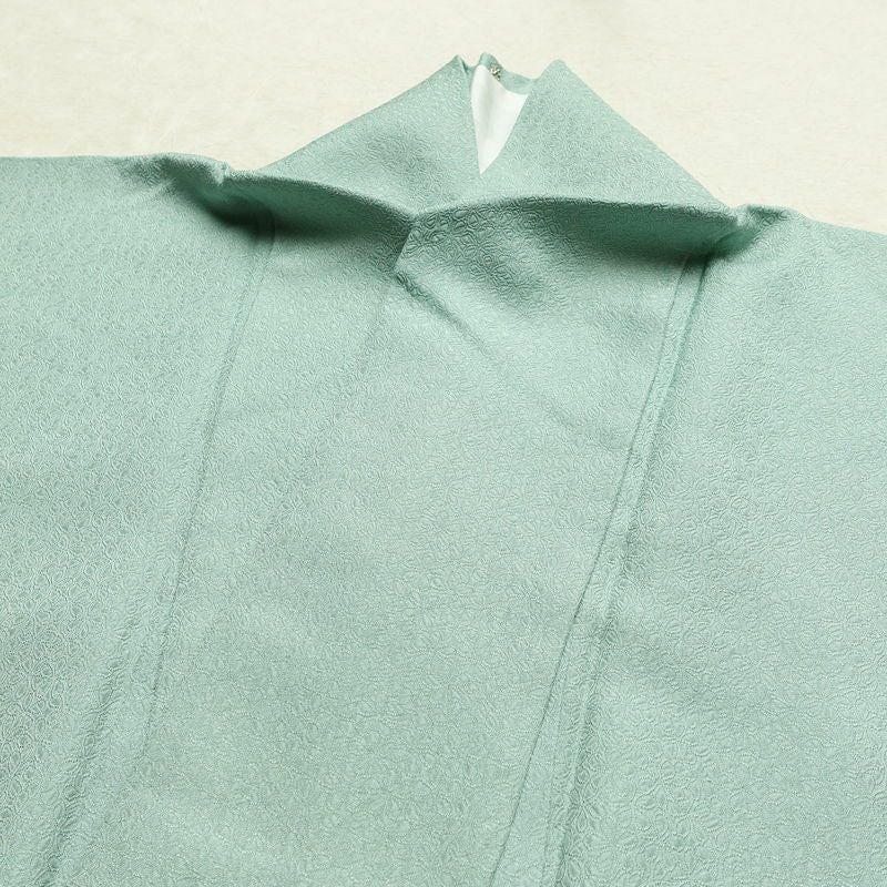 色無地 一つ紋付き 寿光織 伝統工芸茶染 正絹 花柄 袷仕立て 身丈163.5cm 裄丈68cm リサイクル着物 着物 お茶会 フォーマル 緑・うぐいす色_画像17