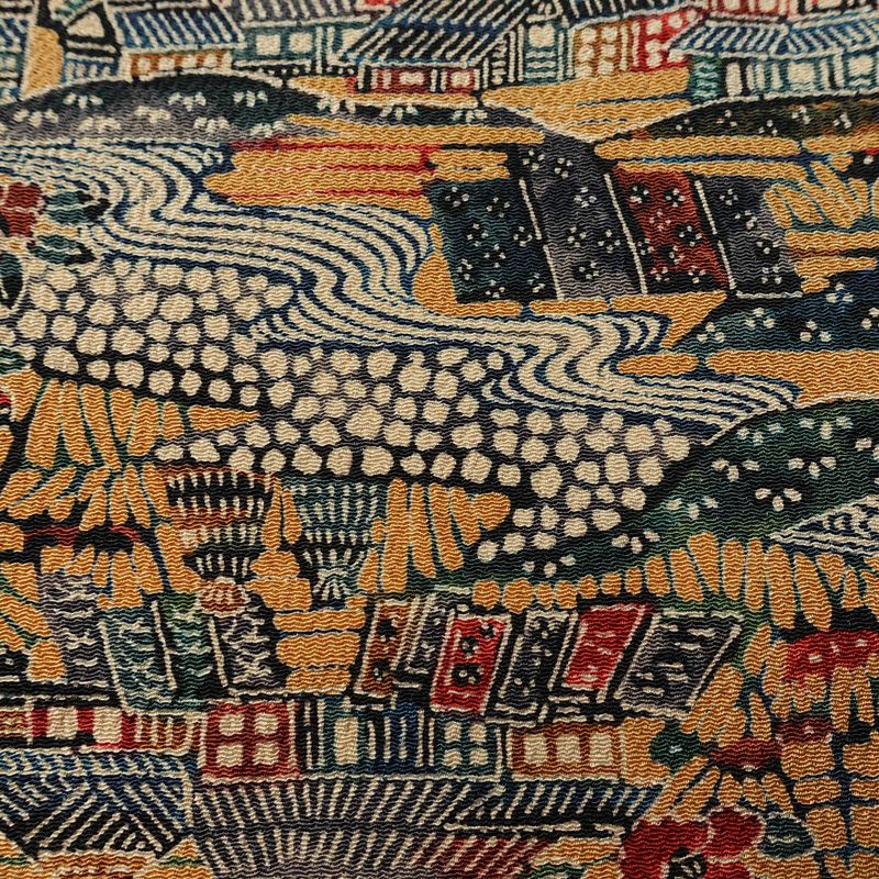 小紋 縮緬 総柄 正絹 風景柄 袷仕立て 身丈149cm 裄丈62.5cm リサイクル着物 着物 黄・黄土色_画像7