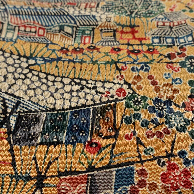 小紋 縮緬 総柄 正絹 風景柄 袷仕立て 身丈149cm 裄丈62.5cm リサイクル着物 着物 黄・黄土色_画像9