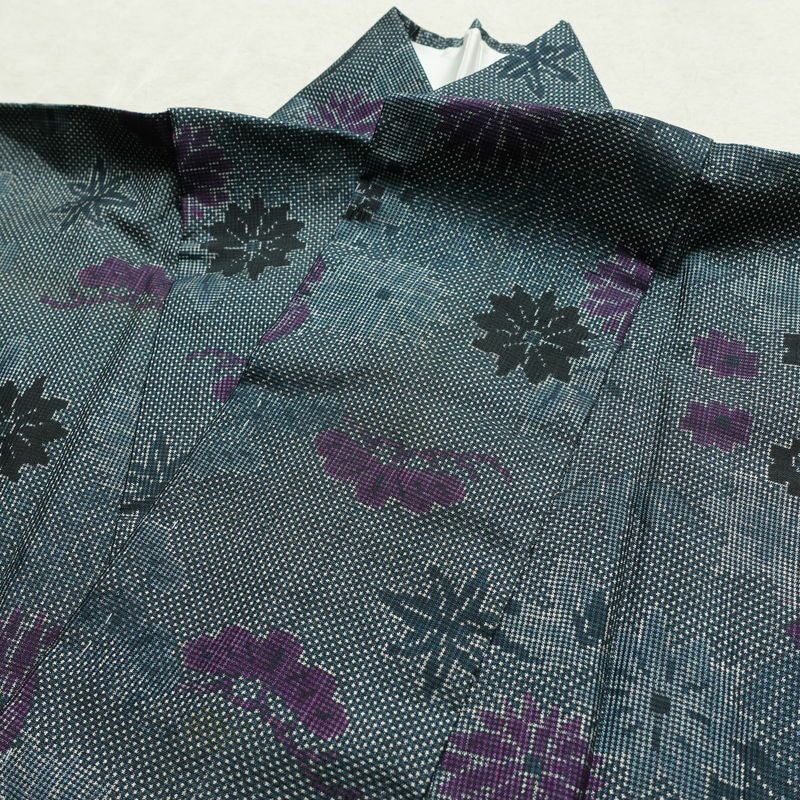 紬 しつけ糸付き 正絹 花柄 袷仕立て 身丈154cm 裄丈65.5cm リサイクル着物 着物 青・紺_画像14