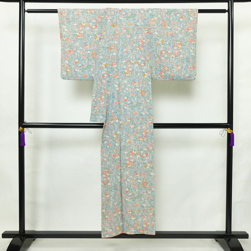 小紋 縮緬 総柄 正絹 花柄 袷仕立て 身丈149.5cm 裄丈63cm リサイクル着物 着物 青・紺_画像2