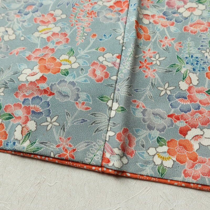 小紋 縮緬 総柄 正絹 花柄 袷仕立て 身丈149.5cm 裄丈63cm リサイクル着物 着物 青・紺_画像13