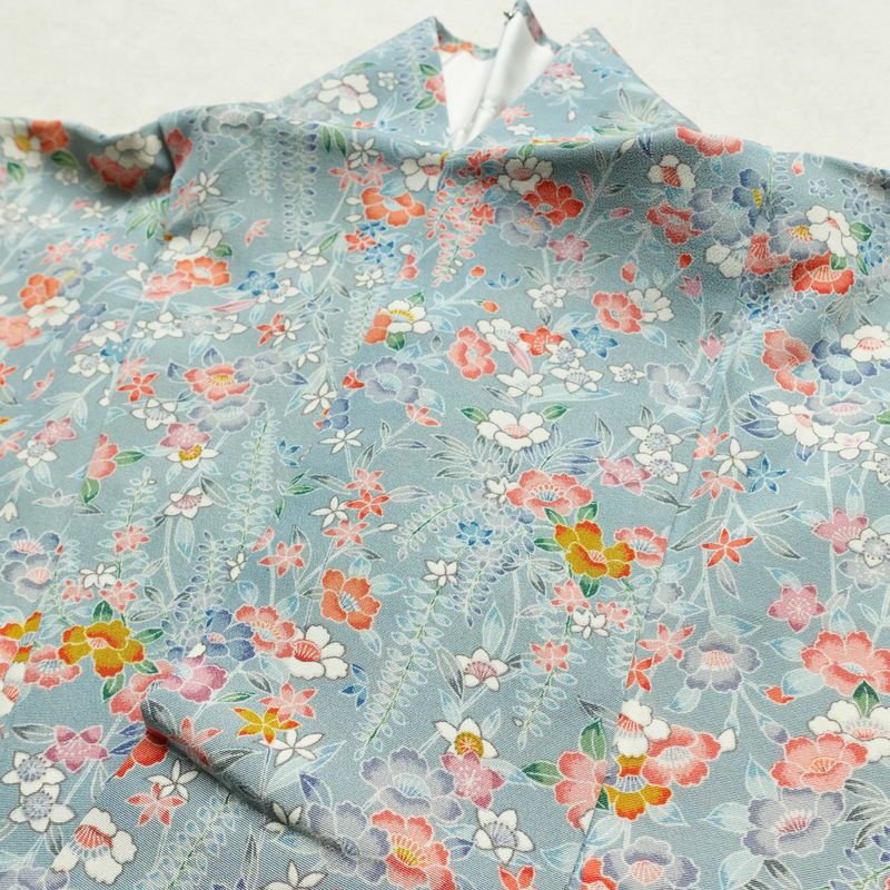 小紋 縮緬 総柄 正絹 花柄 袷仕立て 身丈149.5cm 裄丈63cm リサイクル着物 着物 青・紺_画像17