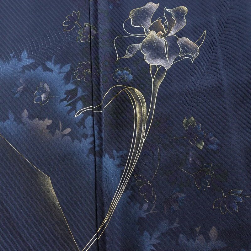 付け下げ 一つ紋付き 正絹 花柄 袷仕立て 身丈152.5cm 裄丈64.5cm リサイクル着物 着物 箔 金彩 フォーマル 青・紺_画像6