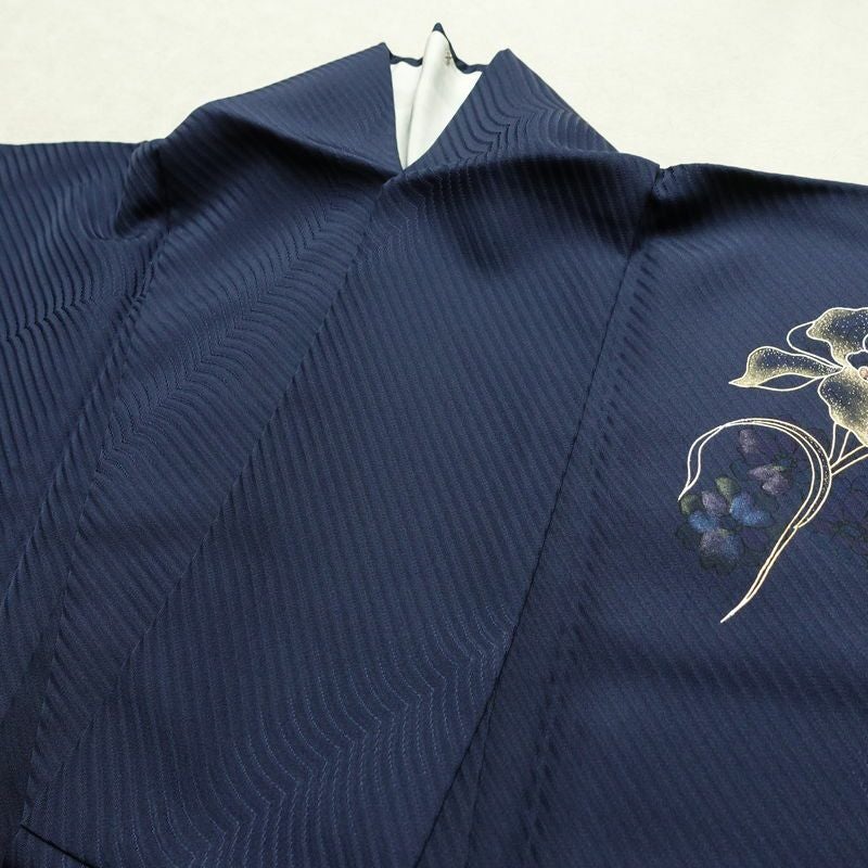 付け下げ 一つ紋付き 正絹 花柄 袷仕立て 身丈152.5cm 裄丈64.5cm リサイクル着物 着物 箔 金彩 フォーマル 青・紺_画像18