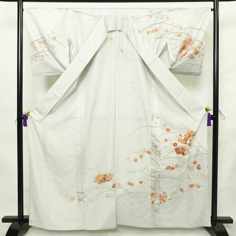 単衣 訪問着 ポリエステル 古典柄 単衣仕立て 身丈163cm 裄丈66.5cm リサイクル着物 着物 フォーマル グレー_画像3