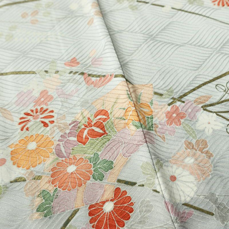 単衣 訪問着 ポリエステル 古典柄 単衣仕立て 身丈163cm 裄丈66.5cm リサイクル着物 着物 フォーマル グレー_画像11