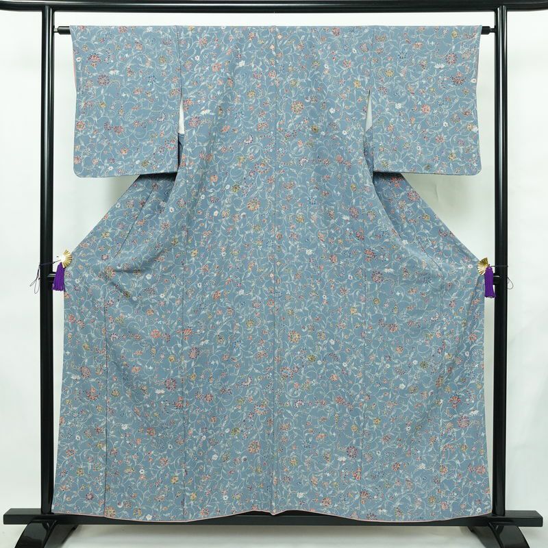 小紋 縮緬 総柄 正絹 花柄 袷仕立て 身丈156.5cm 裄丈63cm リサイクル着物 着物 くすみブルー 青・紺_画像1