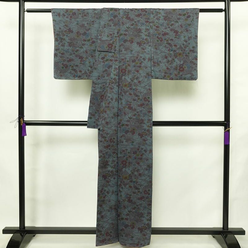 小紋 良品 しつけ糸付き 正絹 花柄 袷仕立て 身丈158.5cm 裄丈63.5cm リサイクル着物 着物 青・紺_画像2