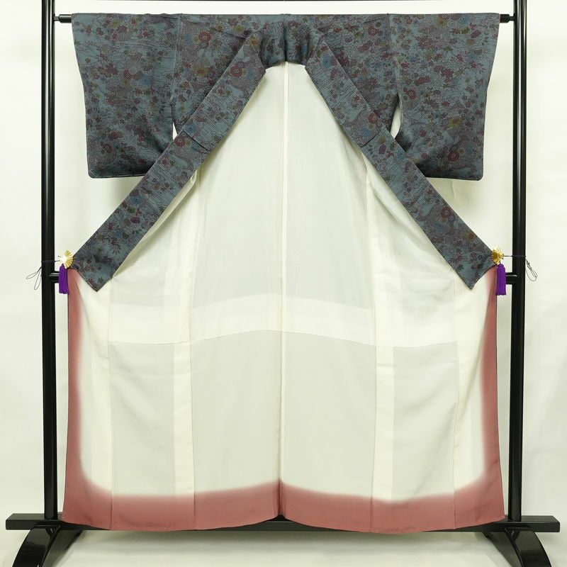 小紋 良品 しつけ糸付き 正絹 花柄 袷仕立て 身丈158.5cm 裄丈63.5cm リサイクル着物 着物 青・紺_画像3