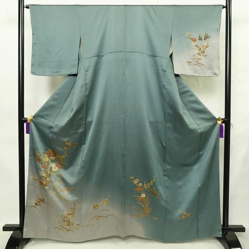 訪問着 しつけ糸付き 正絹 木の葉・植物柄 袷仕立て 身丈163.5cm 裄丈65cm リサイクル着物 着物 箔 金彩 入学式 卒業式 七五三 お宮参り フォーマル 四季花 緑・うぐいす色_画像1