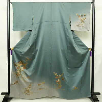 訪問着 しつけ糸付き 正絹 木の葉・植物柄 袷仕立て 身丈163.5cm 裄丈65cm リサイクル着物 着物 箔 金彩 入学式 卒業式 七五三 お宮参り フォーマル 四季花 緑・うぐいす色