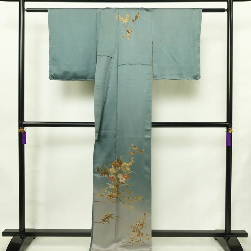 訪問着 しつけ糸付き 正絹 木の葉・植物柄 袷仕立て 身丈163.5cm 裄丈65cm リサイクル着物 着物 箔 金彩 入学式 卒業式 七五三 お宮参り フォーマル 四季花 緑・うぐいす色_画像2