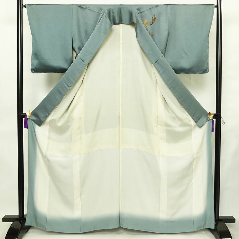 訪問着 しつけ糸付き 正絹 木の葉・植物柄 袷仕立て 身丈163.5cm 裄丈65cm リサイクル着物 着物 箔 金彩 入学式 卒業式 七五三 お宮参り フォーマル 四季花 緑・うぐいす色_画像3