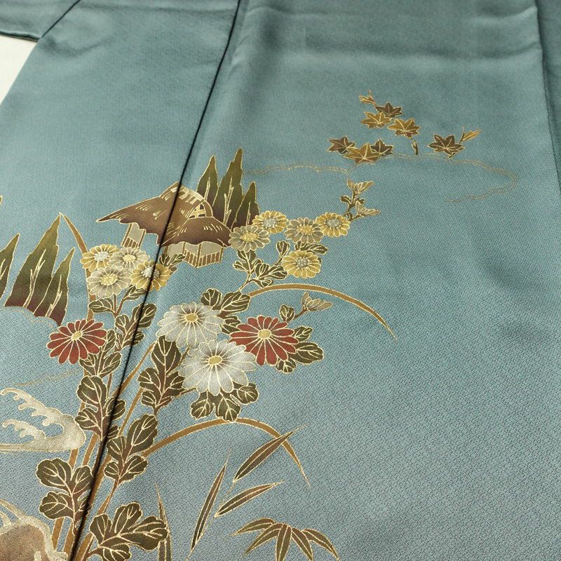 訪問着 しつけ糸付き 正絹 木の葉・植物柄 袷仕立て 身丈163.5cm 裄丈65cm リサイクル着物 着物 箔 金彩 入学式 卒業式 七五三 お宮参り フォーマル 四季花 緑・うぐいす色_画像5