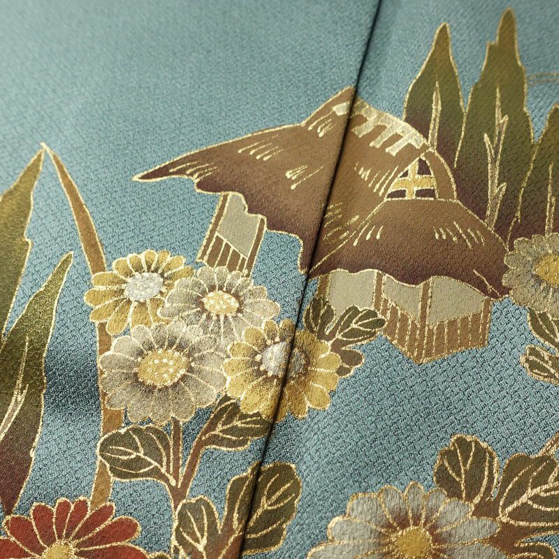 訪問着 しつけ糸付き 正絹 木の葉・植物柄 袷仕立て 身丈163.5cm 裄丈65cm リサイクル着物 着物 箔 金彩 入学式 卒業式 七五三 お宮参り フォーマル 四季花 緑・うぐいす色_画像7