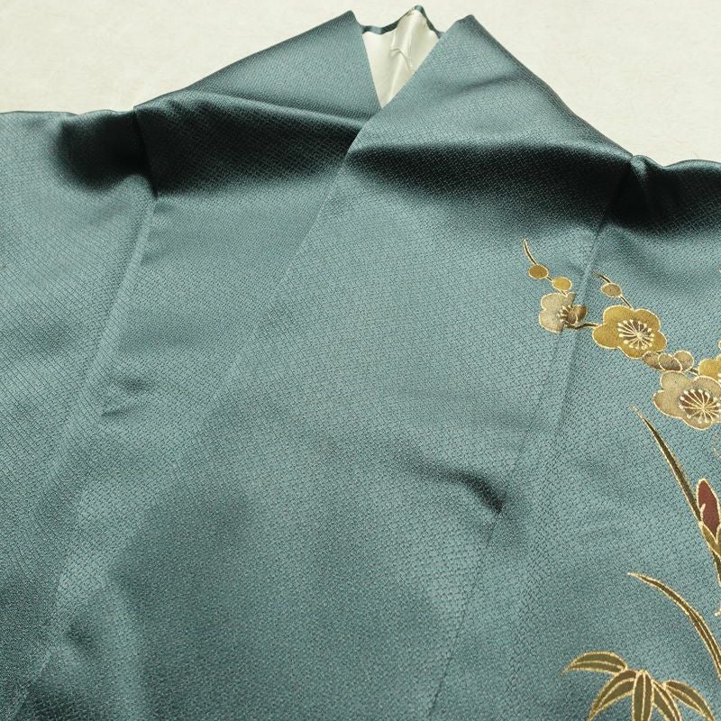 訪問着 しつけ糸付き 正絹 木の葉・植物柄 袷仕立て 身丈163.5cm 裄丈65cm リサイクル着物 着物 箔 金彩 入学式 卒業式 七五三 お宮参り フォーマル 四季花 緑・うぐいす色_画像17