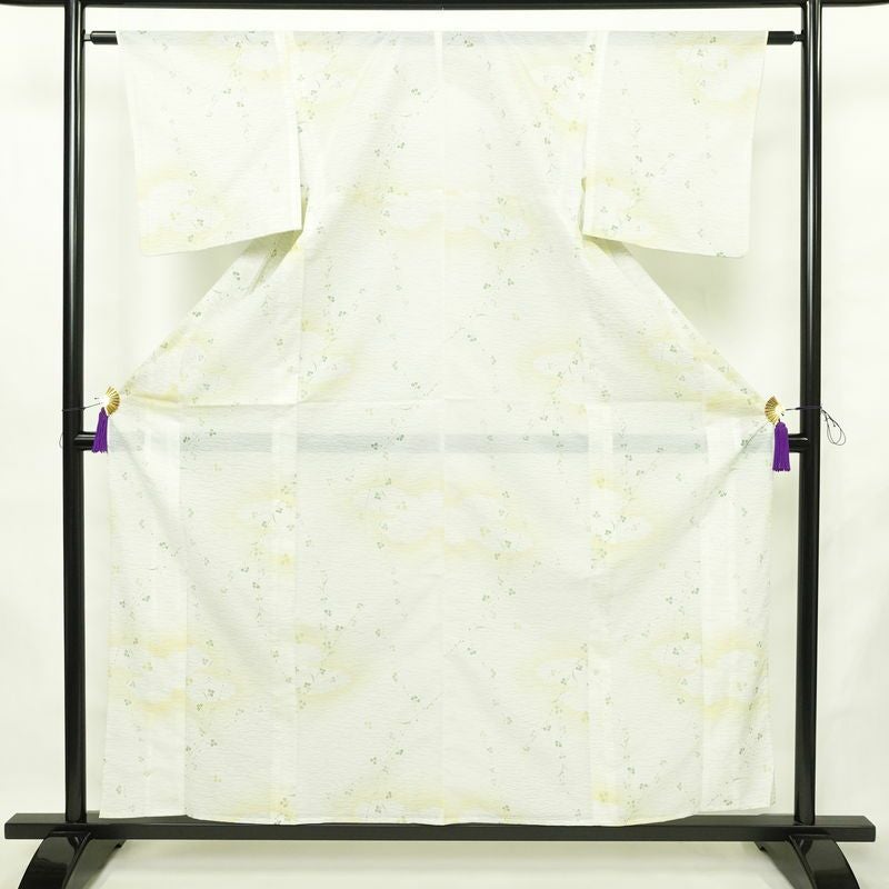 盛夏 小紋 夏用 絽 バチ衿仕立て ポリエステル 木の葉・植物柄 単衣仕立て 身丈158.5cm 裄丈61.5cm リサイクル着物 着物 白_画像1