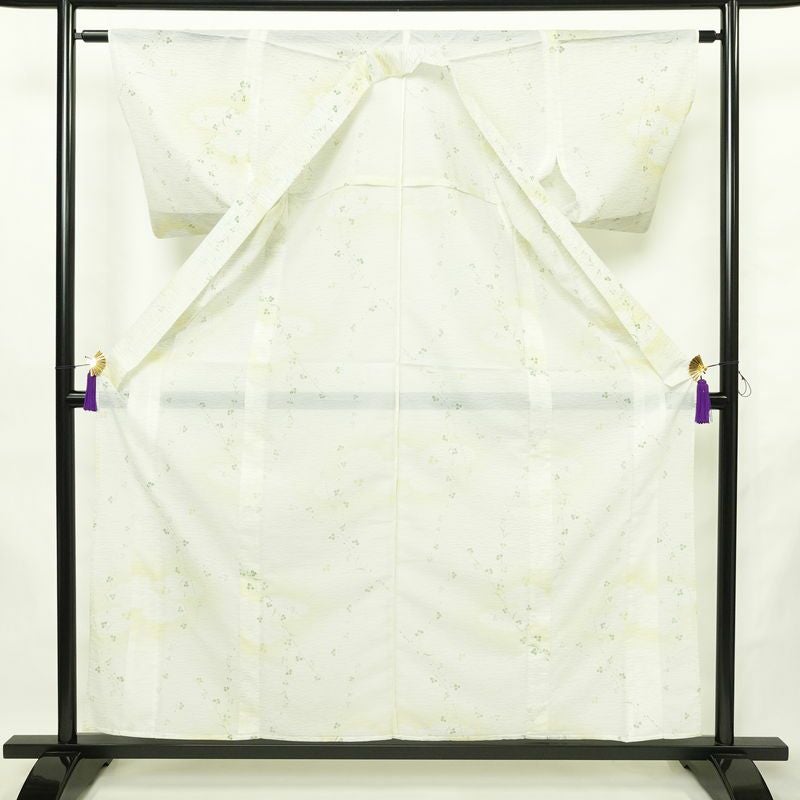 盛夏 小紋 夏用 絽 バチ衿仕立て ポリエステル 木の葉・植物柄 単衣仕立て 身丈158.5cm 裄丈61.5cm リサイクル着物 着物 白_画像3