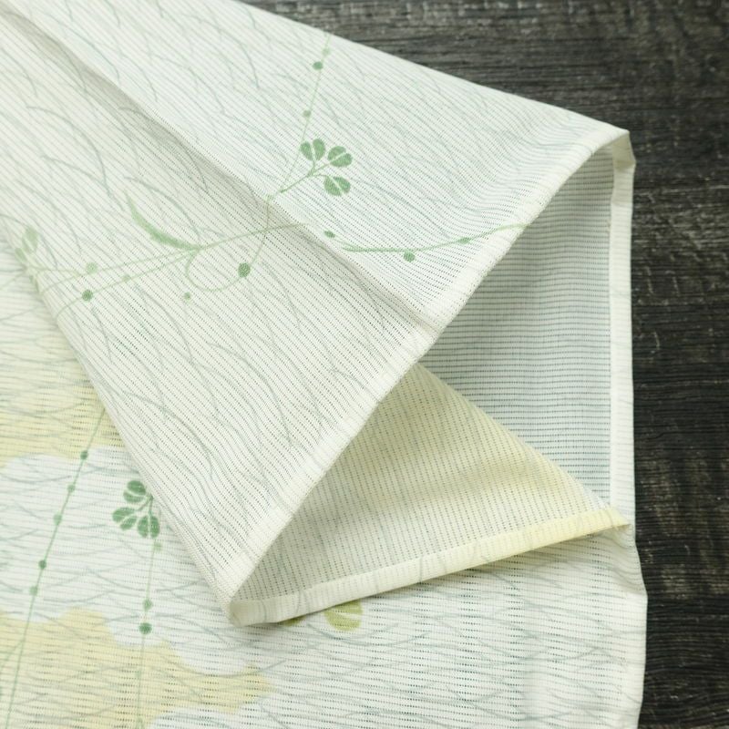 盛夏 小紋 夏用 絽 バチ衿仕立て ポリエステル 木の葉・植物柄 単衣仕立て 身丈158.5cm 裄丈61.5cm リサイクル着物 着物 白_画像17