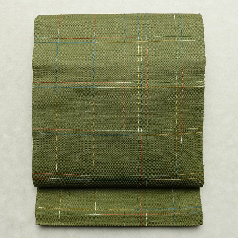名古屋帯 全通柄 良品 正絹 チェック・格子柄 通し仕立て なごや帯 リサイクル帯 帯 モダン 緑・うぐいす色_画像1