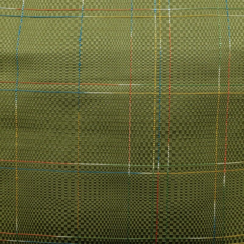 名古屋帯 全通柄 良品 正絹 チェック・格子柄 通し仕立て なごや帯 リサイクル帯 帯 モダン 緑・うぐいす色_画像2