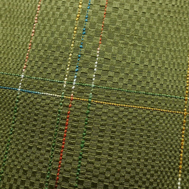 名古屋帯 全通柄 良品 正絹 チェック・格子柄 通し仕立て なごや帯 リサイクル帯 帯 モダン 緑・うぐいす色_画像3