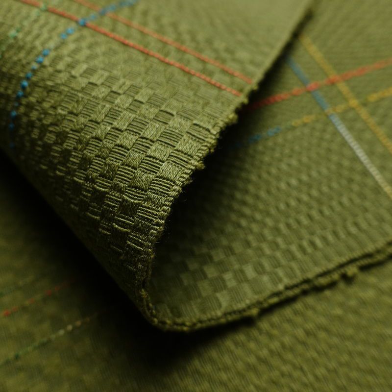 名古屋帯 全通柄 良品 正絹 チェック・格子柄 通し仕立て なごや帯 リサイクル帯 帯 モダン 緑・うぐいす色_画像10