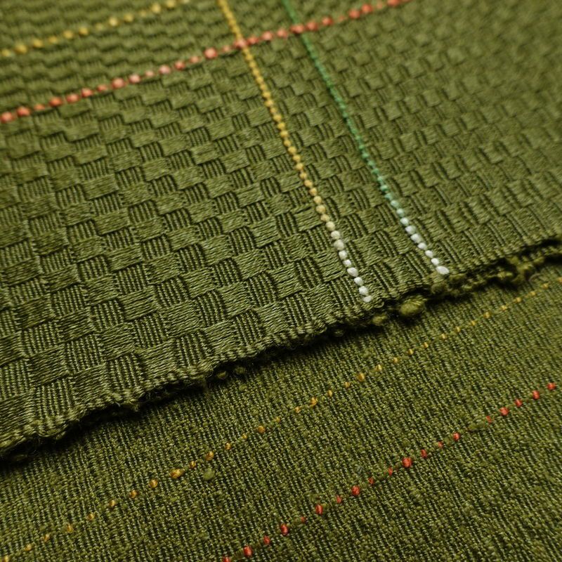 名古屋帯 全通柄 良品 正絹 チェック・格子柄 通し仕立て なごや帯 リサイクル帯 帯 モダン 緑・うぐいす色_画像12