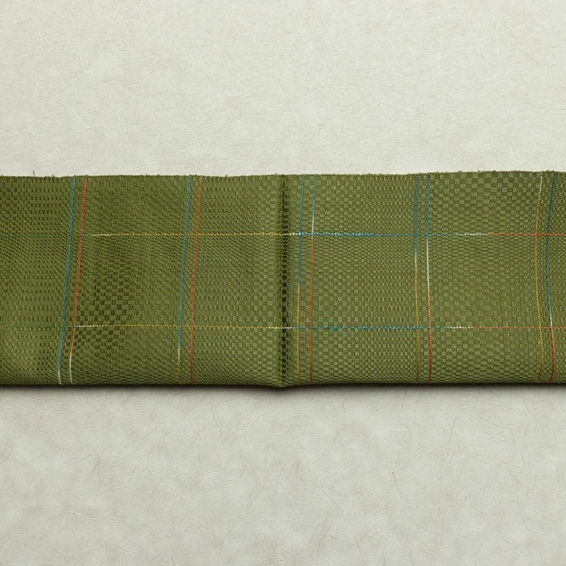 名古屋帯 全通柄 良品 正絹 チェック・格子柄 通し仕立て なごや帯 リサイクル帯 帯 モダン 緑・うぐいす色_画像14