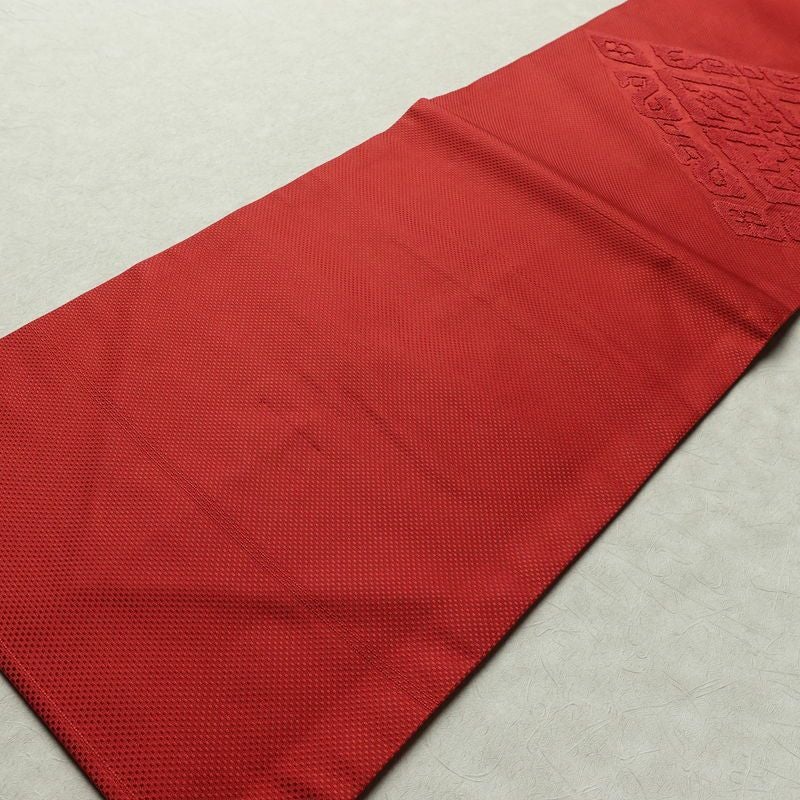 名古屋帯 太鼓柄 良品 正絹 幾何学柄・抽象柄 名古屋仕立て なごや帯 リサイクル帯 帯 シンプル 赤・朱_画像9