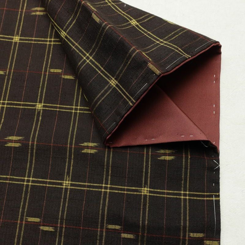 紬 しつけ糸付き 正絹 チェック・格子柄 袷仕立て 身丈163cm 裄丈65.5cm リサイクル着物 着物 カジュアル 茶_画像14