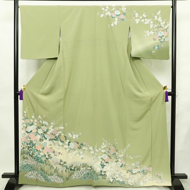 訪問着 辻が花 落款入り 縮緬 絞り 正絹 花柄 袷仕立て 身丈162cm 裄丈