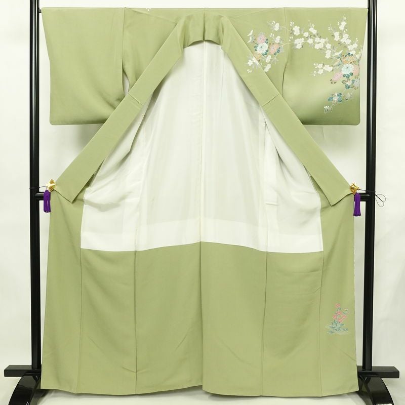 訪問着 縮緬 正絹 花柄 袷仕立て 身丈164cm 裄丈67cm リサイクル着物 着物 共八掛 入学式 卒業式 七五三 お宮参り フォーマル 緑・うぐいす色_画像3