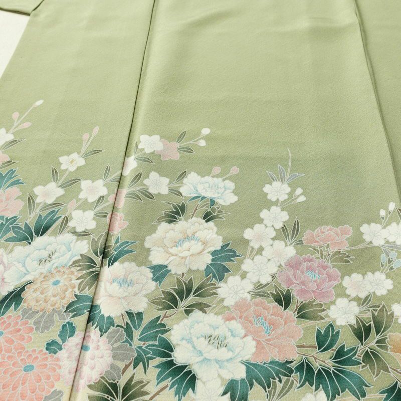 訪問着 縮緬 正絹 花柄 袷仕立て 身丈164cm 裄丈67cm リサイクル着物 着物 共八掛 入学式 卒業式 七五三 お宮参り フォーマル 緑・うぐいす色_画像5