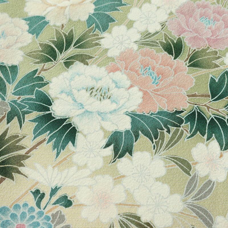 訪問着 縮緬 正絹 花柄 袷仕立て 身丈164cm 裄丈67cm リサイクル着物 着物 共八掛 入学式 卒業式 七五三 お宮参り フォーマル 緑・うぐいす色_画像7