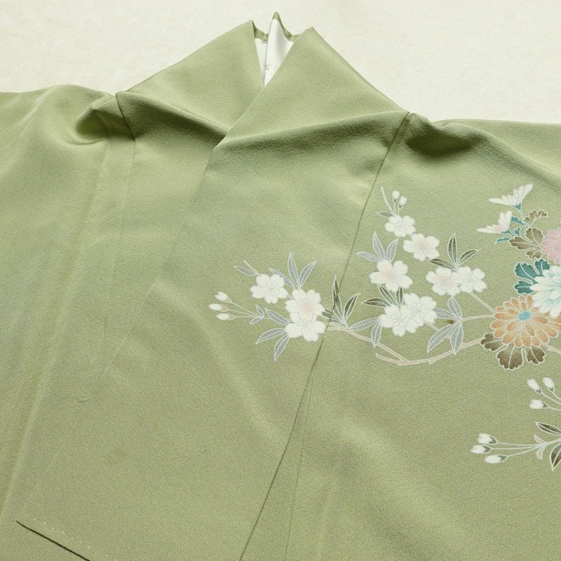 訪問着 縮緬 正絹 花柄 袷仕立て 身丈164cm 裄丈67cm リサイクル着物 着物 共八掛 入学式 卒業式 七五三 お宮参り フォーマル 緑・うぐいす色_画像16