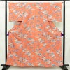 小紋 縮緬 正絹 花柄 袷仕立て 身丈158.5cm 裄丈63.5cm リサイクル着物 着物 サーモンピンク ピンク_画像1