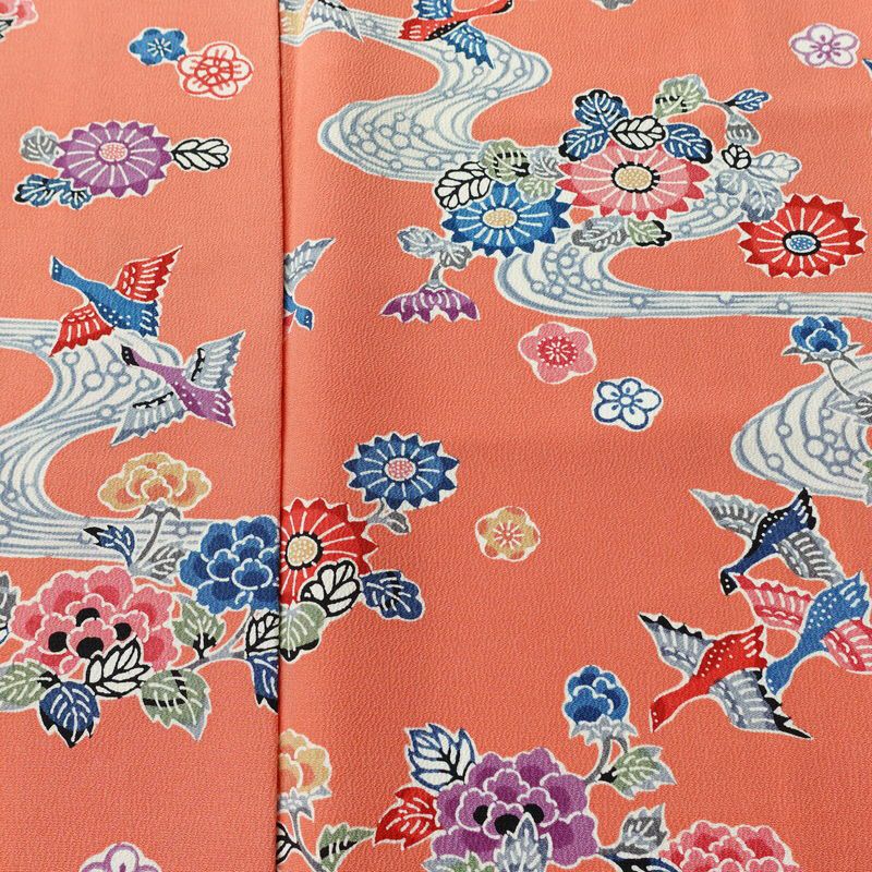 小紋 縮緬 正絹 花柄 袷仕立て 身丈158.5cm 裄丈63.5cm リサイクル着物 着物 サーモンピンク ピンク_画像6