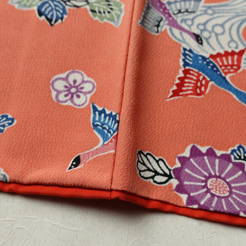 小紋 縮緬 正絹 花柄 袷仕立て 身丈158.5cm 裄丈63.5cm リサイクル着物 着物 サーモンピンク ピンク_画像13