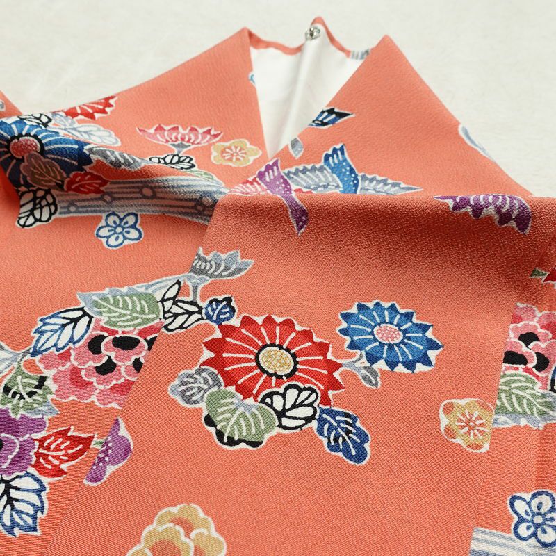 小紋 縮緬 正絹 花柄 袷仕立て 身丈158.5cm 裄丈63.5cm リサイクル着物 着物 サーモンピンク ピンク_画像18