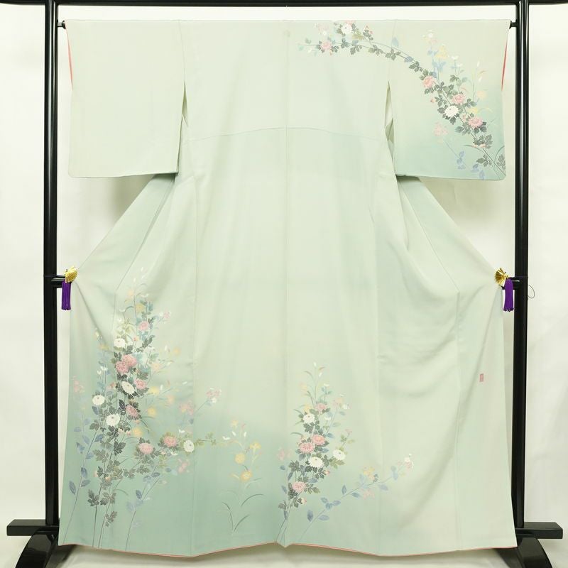 訪問着 落款入り 友禅 縮緬 一つ紋付き 正絹 花柄 袷仕立て 身丈161.5cm 裄丈65cm リサイクル着物 着物 入学式 卒業式 七五三 お宮参り フォーマル 上品 ブルーグリーン 緑・うぐいす色_画像1